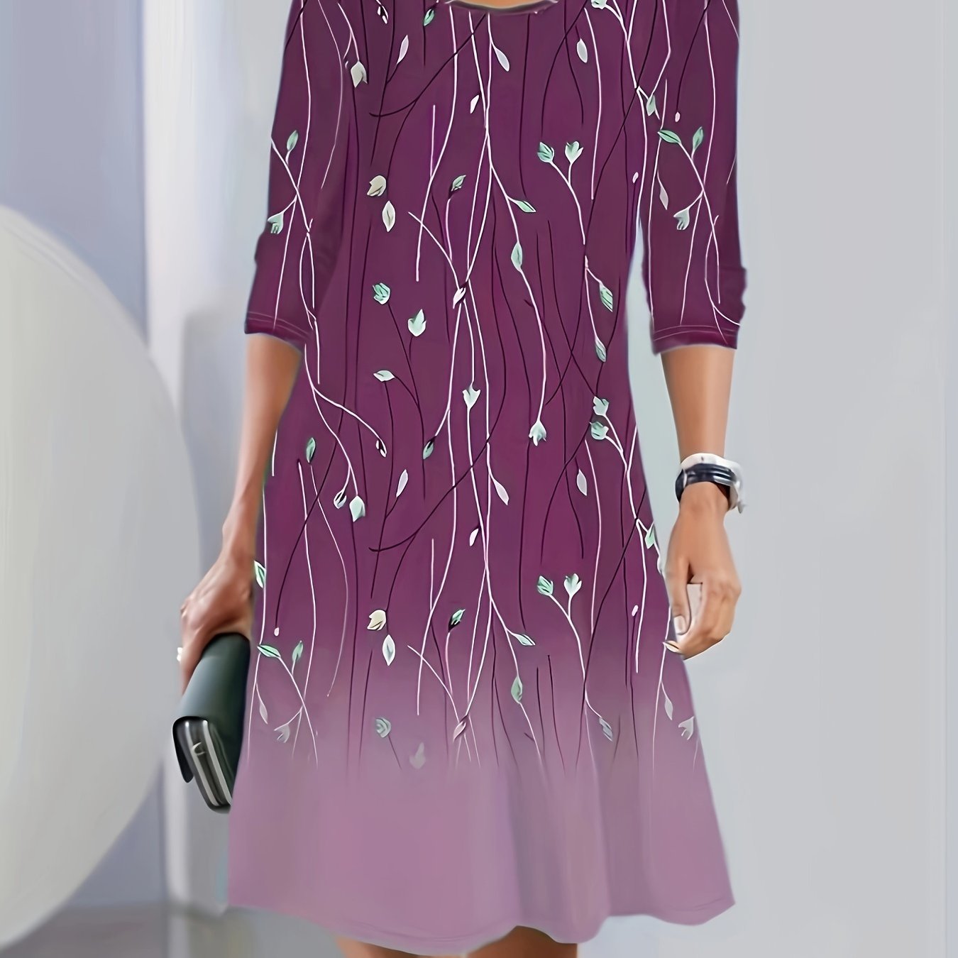  Ombre Long Sleeve Round Neck Midi Dress