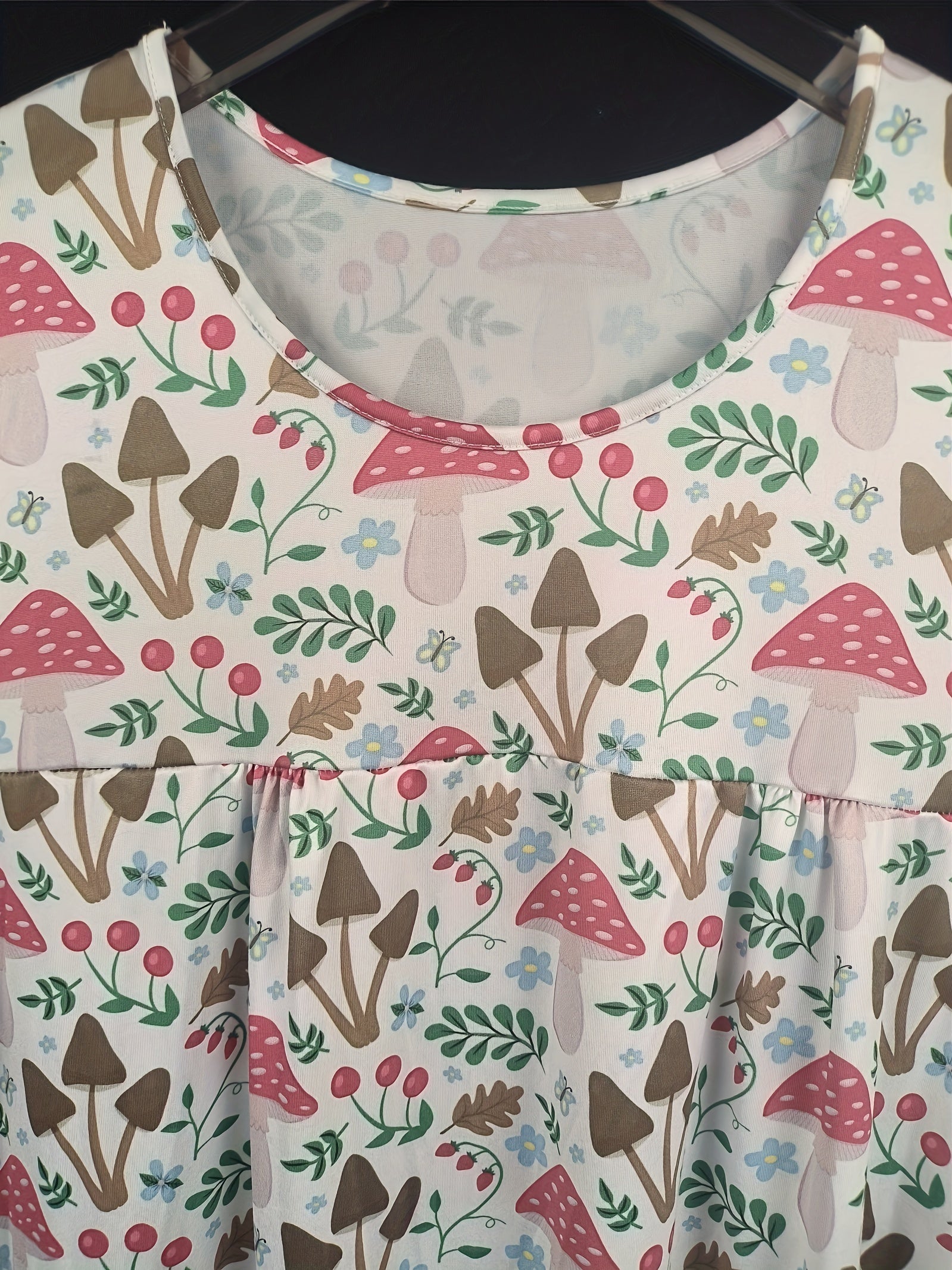  Mushroom & Leaf Print Dress Short Sleeve