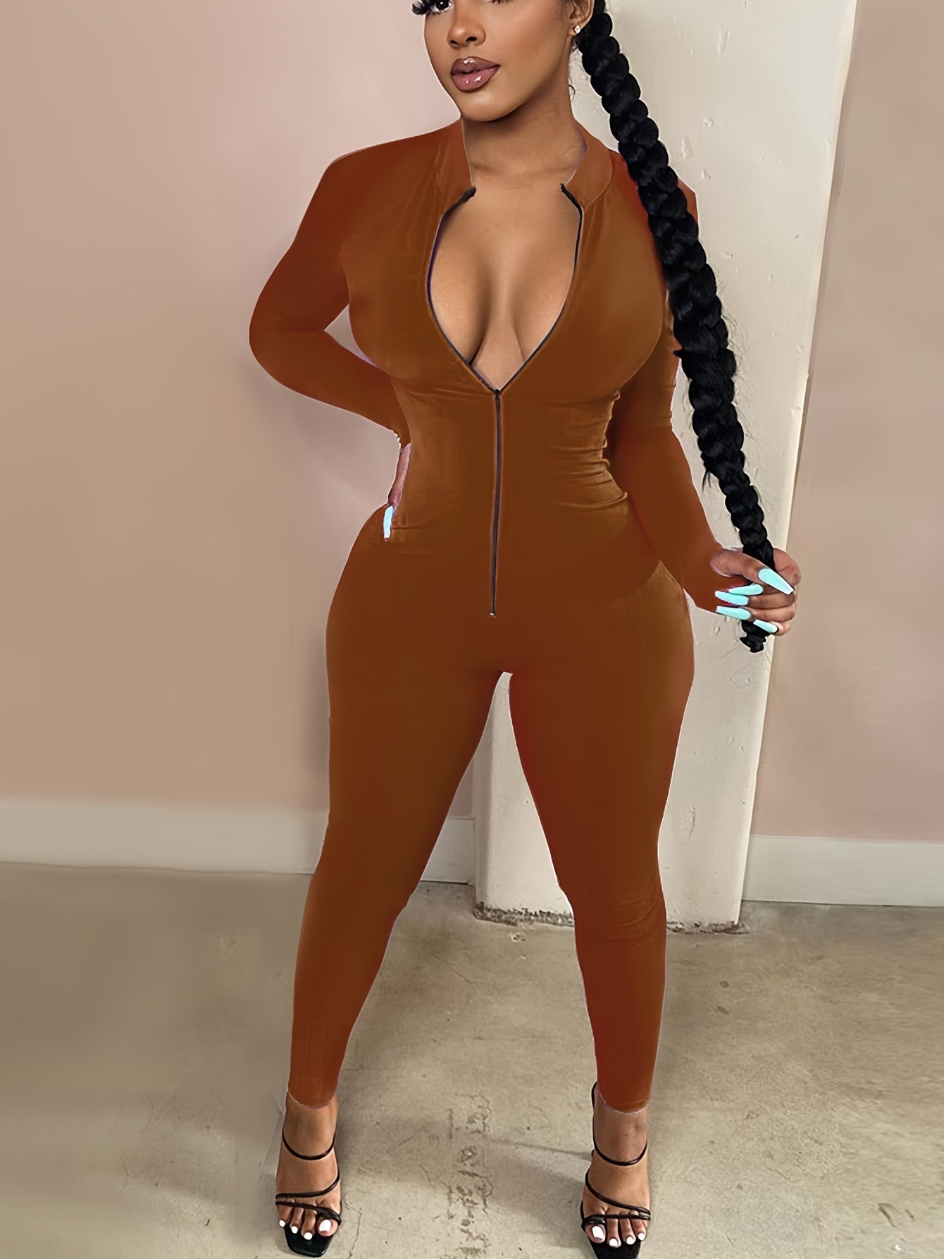 Sexy Bodycon Zip Up Jumpsuit Solid Long Sleeve Stretchy Jumpsuit