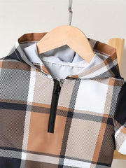 Boys Hooded Plaid T Shirt & Sport Shorts Set for Summer