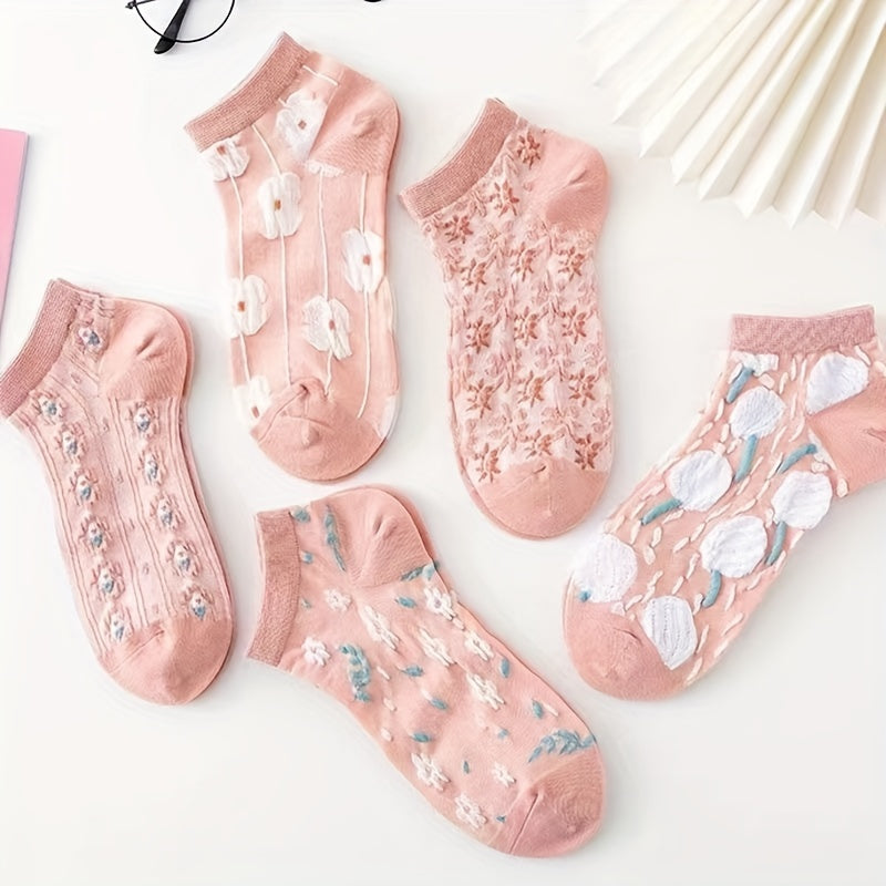 5 Pairs Flower Pattern Socks Low Cut Ankle Socks Women's Stockings