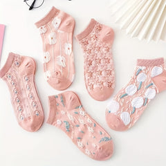 5 Pairs Flower Pattern Socks Low Cut Ankle Socks Women's Stockings