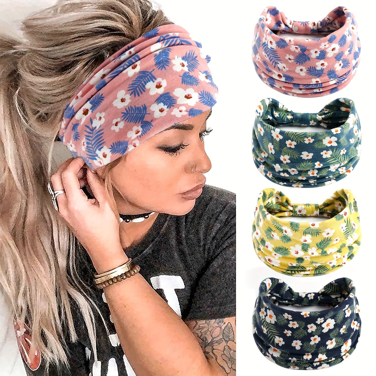 Floral Print Criss Cross Headband Wide Elastic Head Hoop Sweatband
