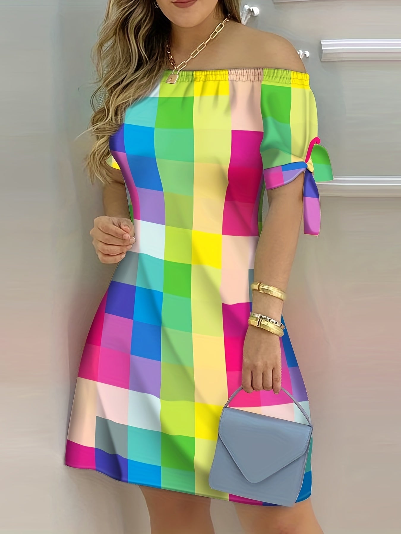  Colorblock Stripe Print Off Shoulder Mini Knot Dress