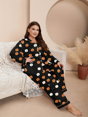  Halloween Party Pajamas Set Pumpkin Print Satin Shirt & Pants