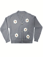 Casual Cardigan Women's Plus Floral Patch Button Decor