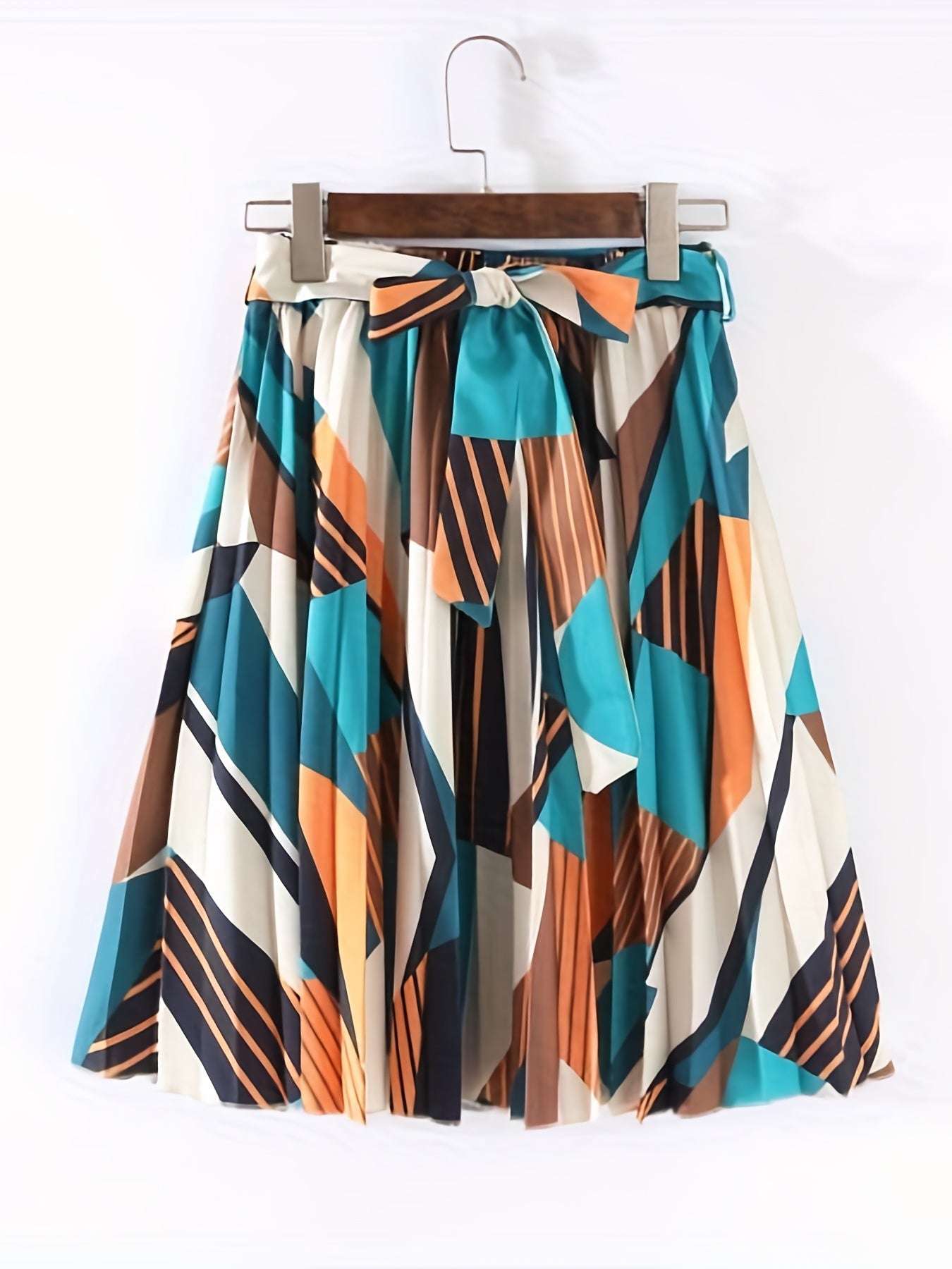 Geometric Print Tied Front Skirt Boho Pleated Skirt