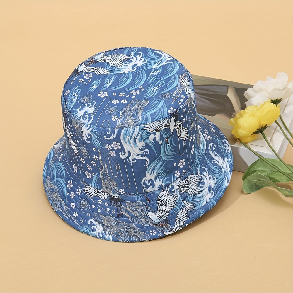 Crane Print Reversible Bucket Hat Vintage Fisherman Cap Women Travel Beach Hats
