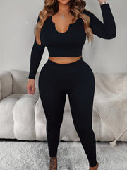 Solid Ribbed Lounge Set Long Sleeve V Neck Top & Elastic Waistband Pants