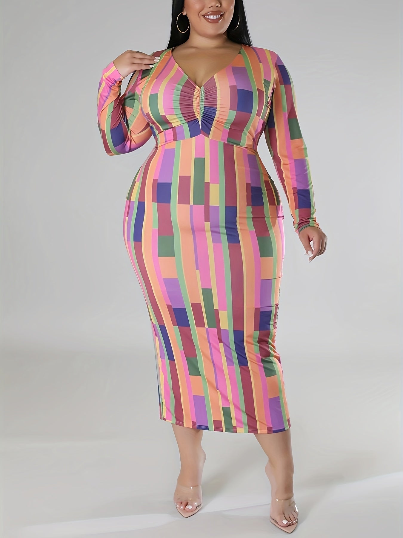  Colorblock Geometric Print Ruched V Neck Dress