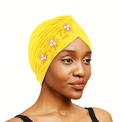 Pleated Flower Turban Cap Elastic Head Wrap Hijab Decor Casual Headscarf