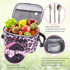 Leopard & Flower Print Women Lunch Bag Insulated Leakproof Cooler Box