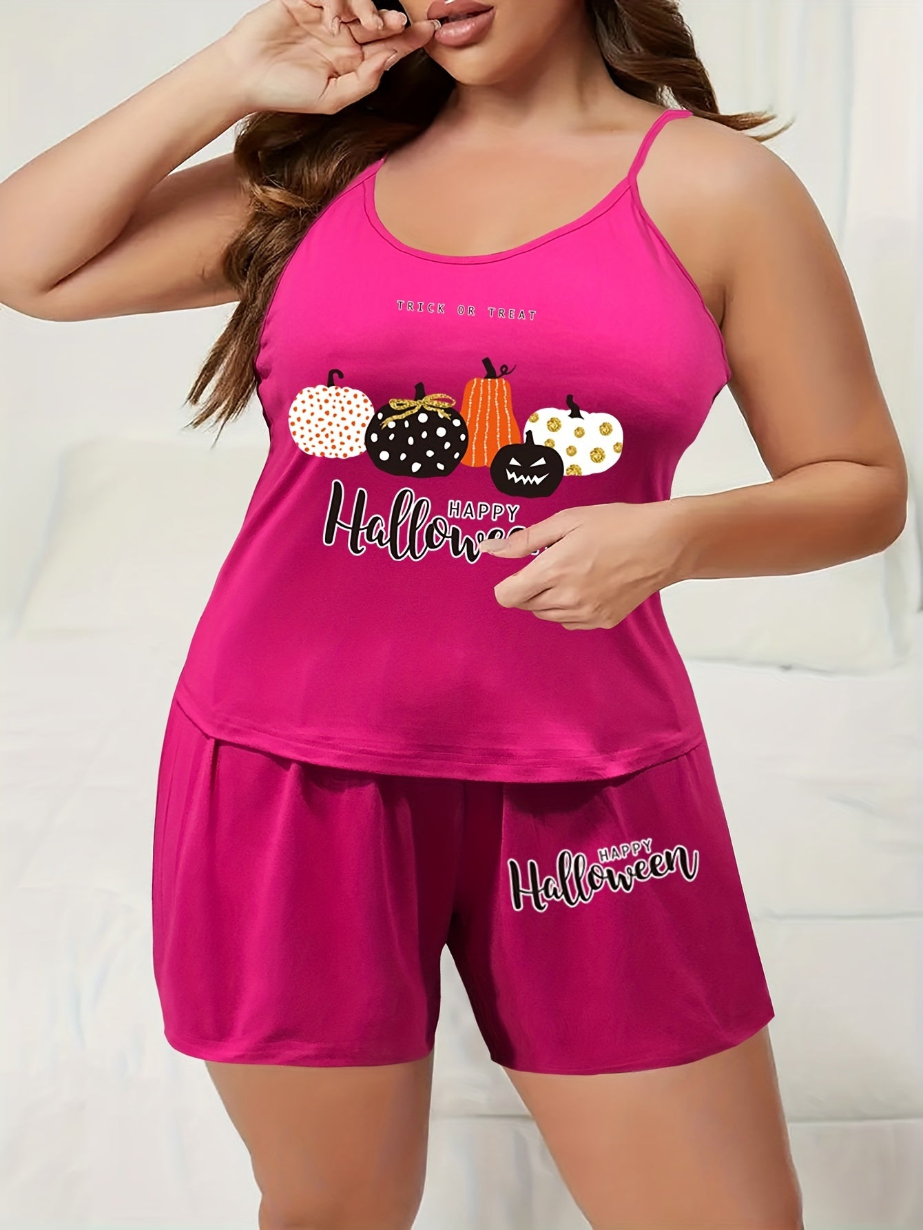  Halloween Pajama Set Pumpkin Print Round Neck Cami Top & Shorts