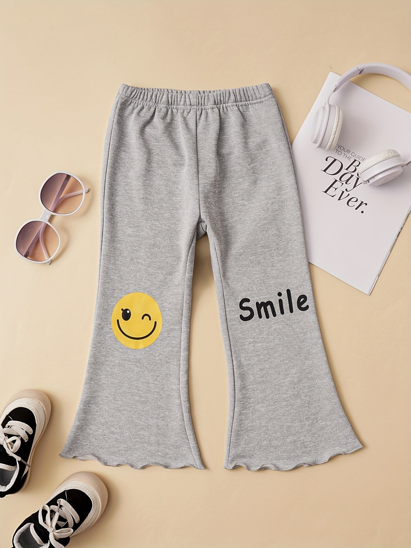 Girls Smile & Face Print Flared Trousers