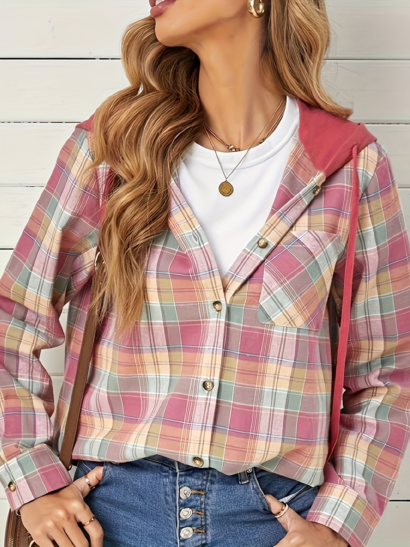  Plaid Print Long Sleeve Button Up Drawstring Hooded Shacket
