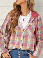  Plaid Print Long Sleeve Button Up Drawstring Hooded Shacket