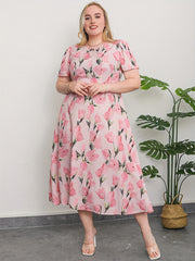 Women's Plus Floral Print Short Sleeve Midi Dress