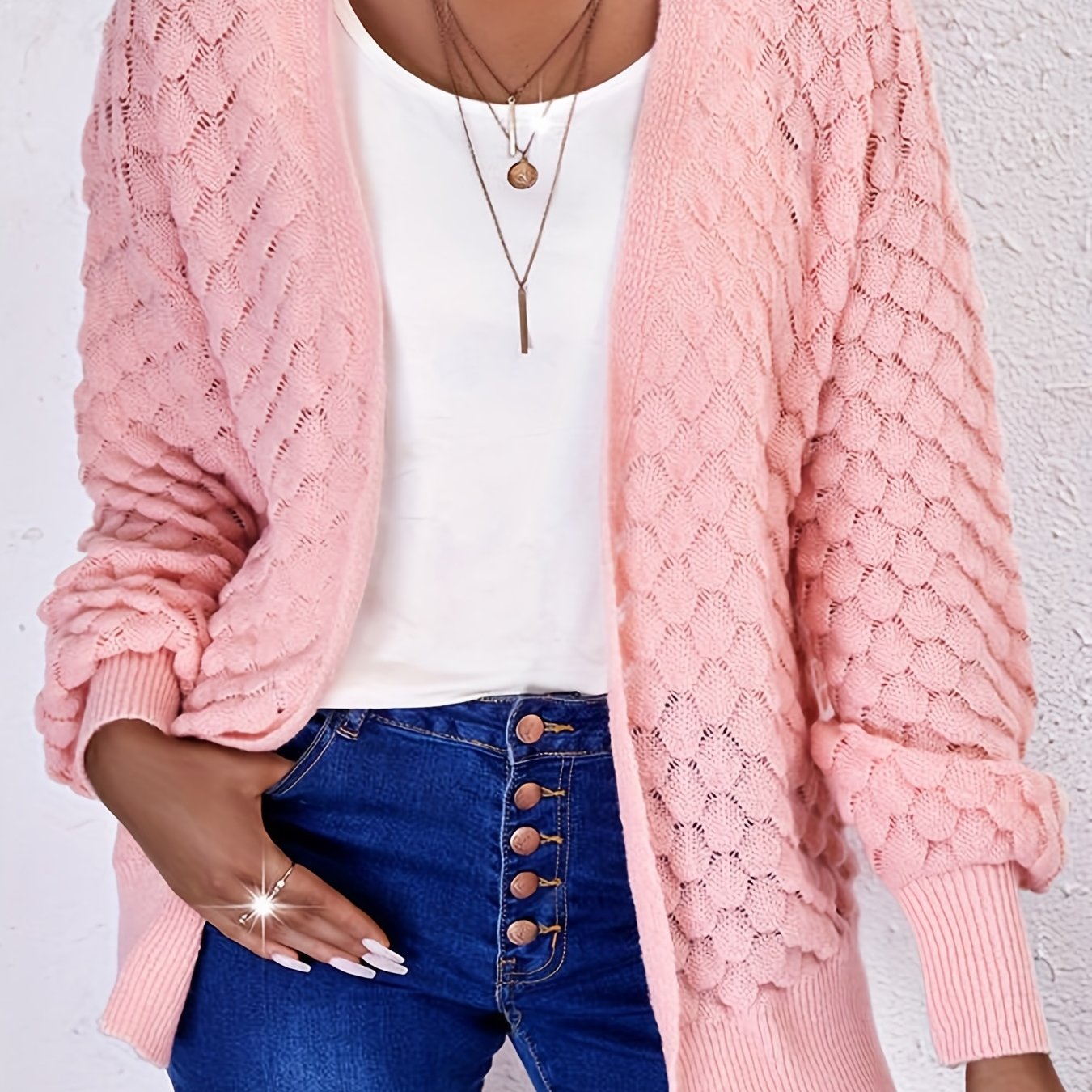  Solid Lantern Sleeve Open Front Cardigan