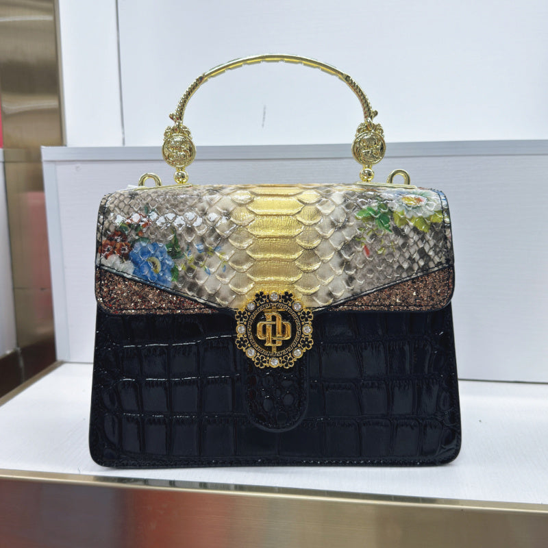 Vintage Leather Handbag Snake Print Shoulder Bag with Wristlet
