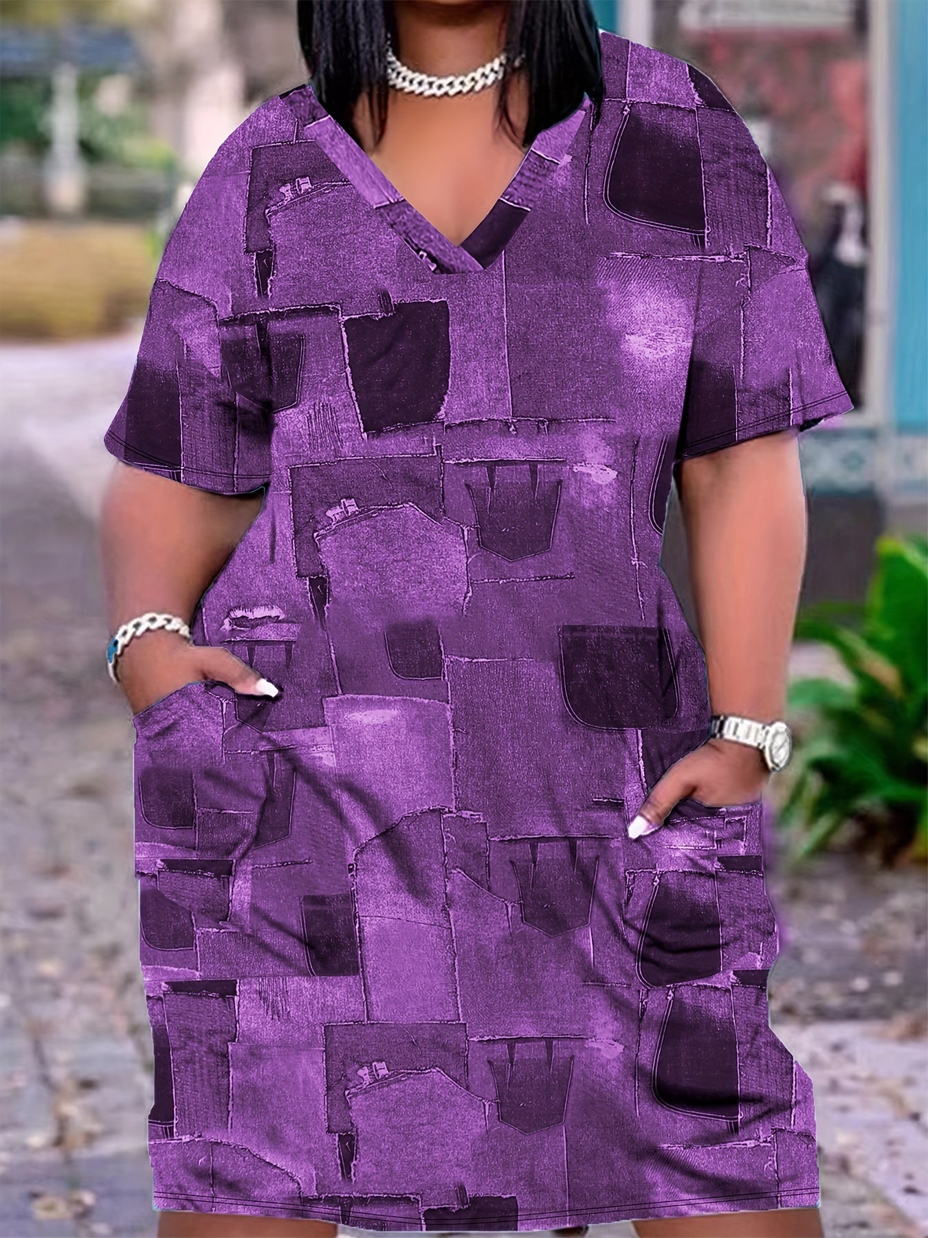 Plus Denim Print V-Neck Short Sleeve Dress with Pockets