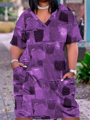 Plus Denim Print V-Neck Short Sleeve Dress with Pockets