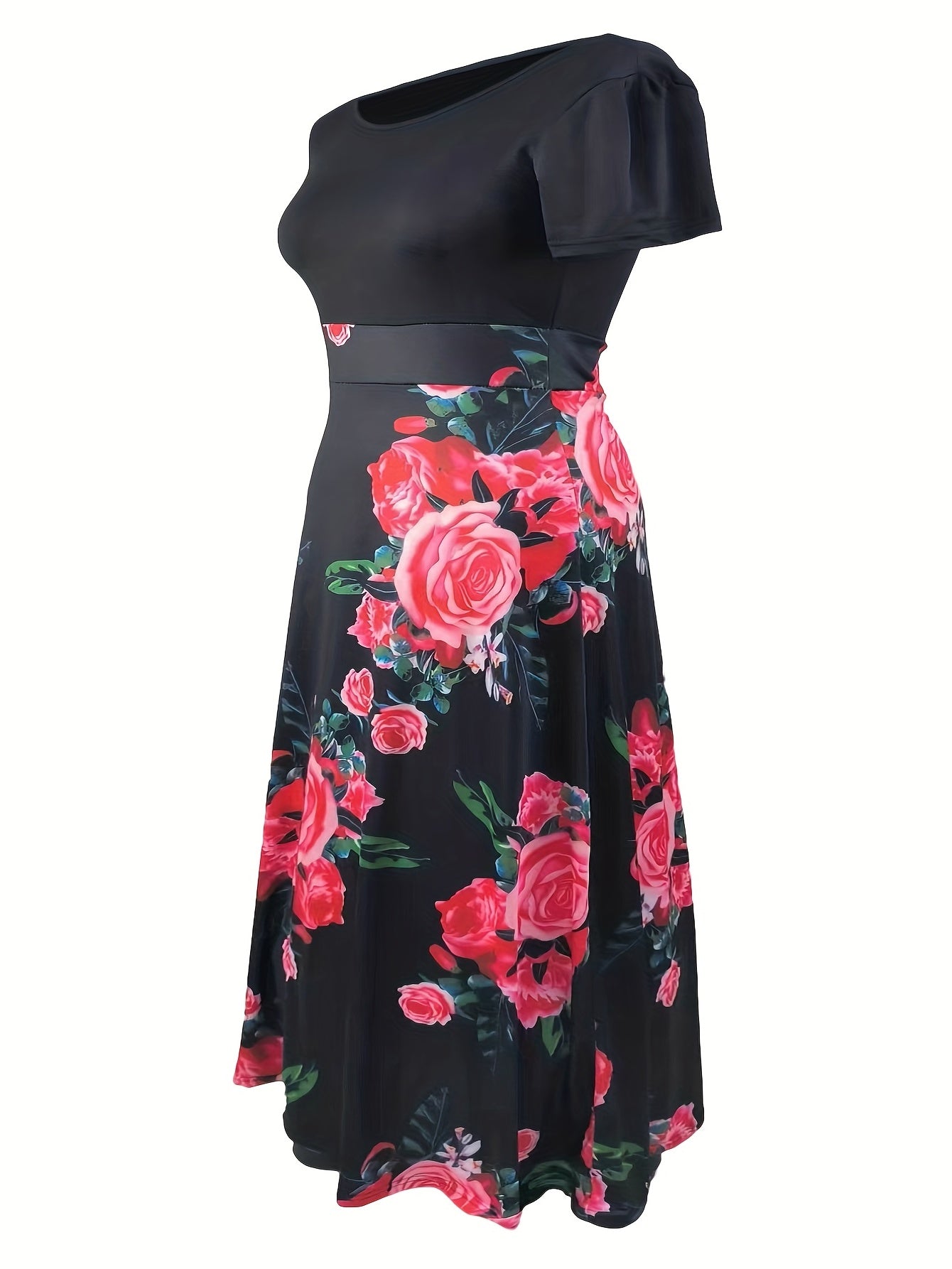  Rose Print Short Sleeve Maxi Dress