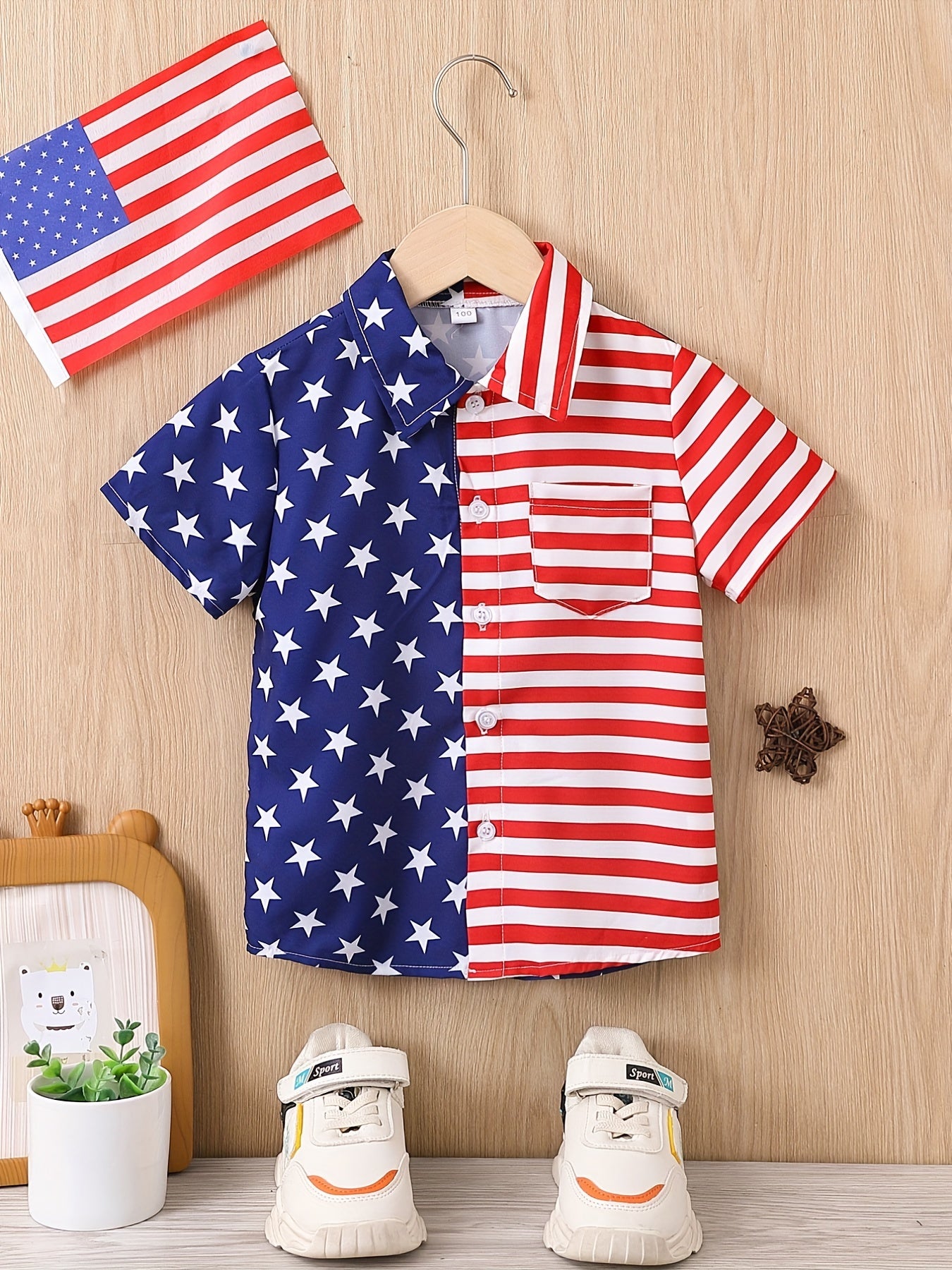 Boys Stars & Stripes Print Shirt Short Sleeve Collared Tops For Kids Summer