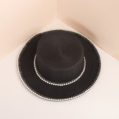 Faux Pearl Decor Sun Hat Flat Top Jazz Fedora Cap Women
