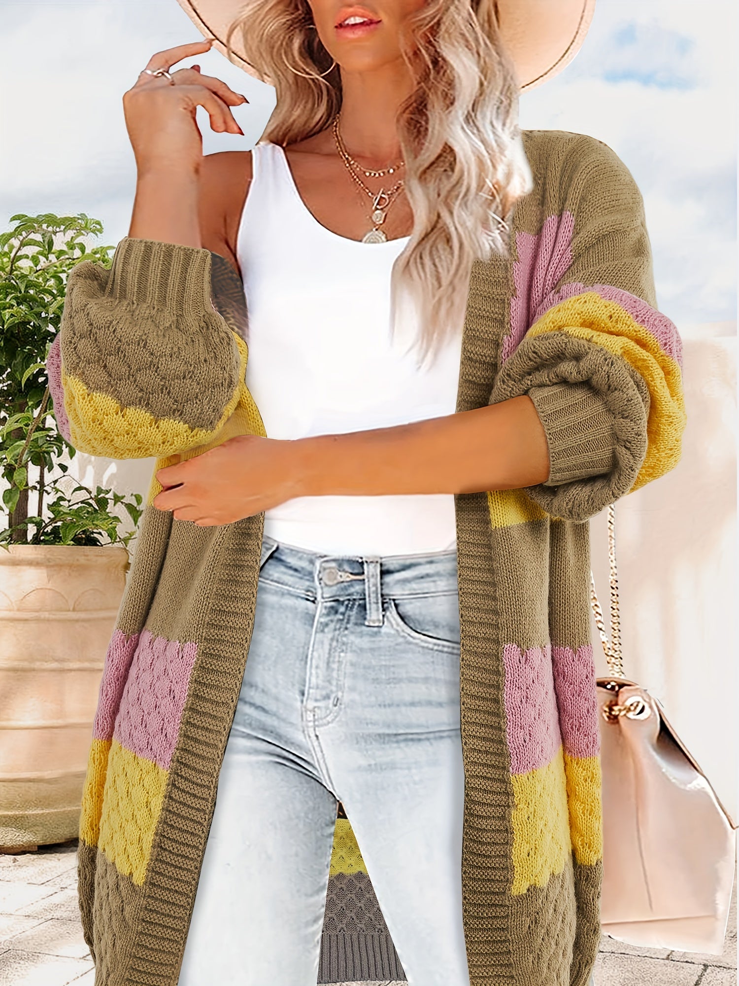  Colorblock Lantern Sleeve Open Front Sweater Cardigan