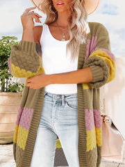  Colorblock Lantern Sleeve Open Front Sweater Cardigan