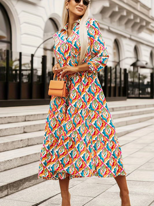  Floral Print Long Sleeve Midi Shirt Dress