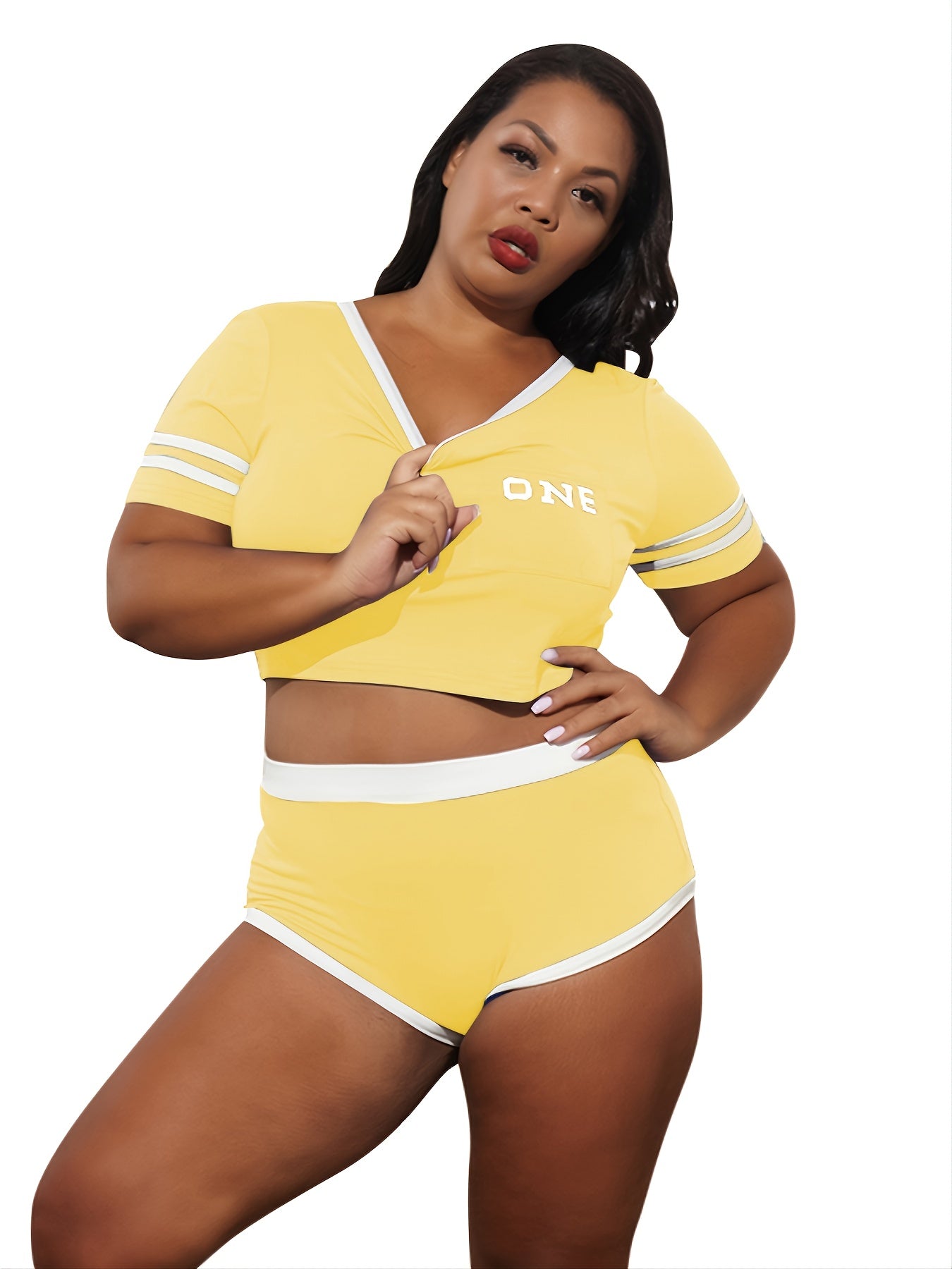  Y2K Colorblock Crop Top & High Waist Skinny Shorts Set