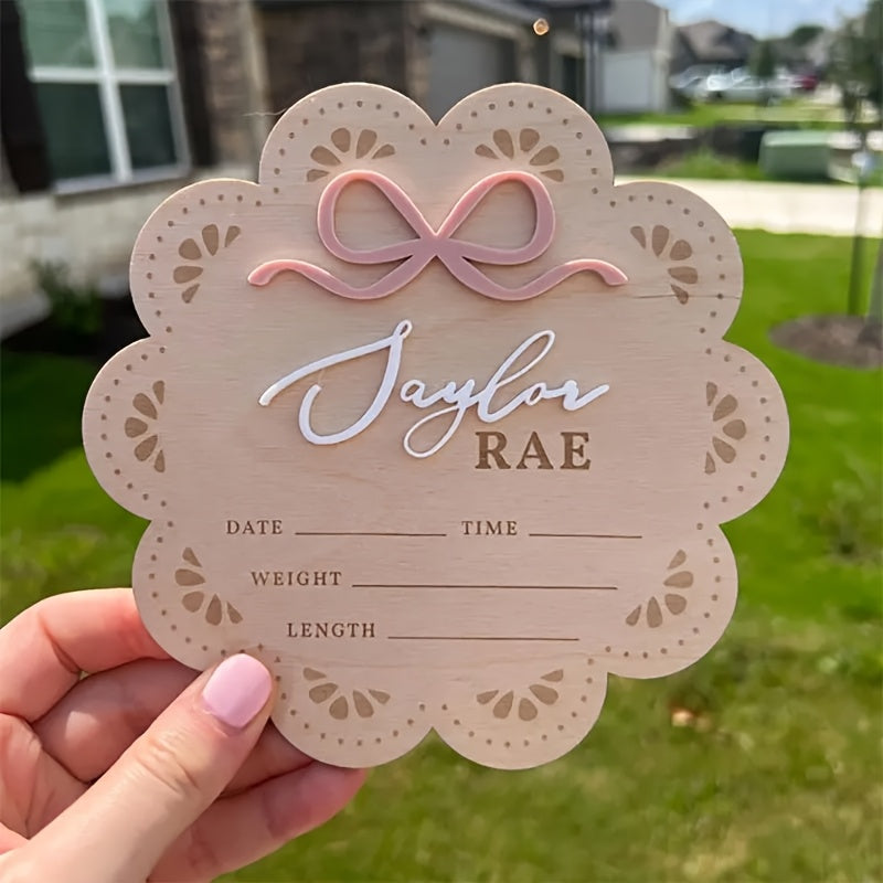 Customizable Birth Announcement Plaque Turmeric Wood with Bow