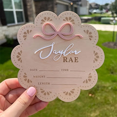 Customizable Birth Announcement Plaque Turmeric Wood with Bow