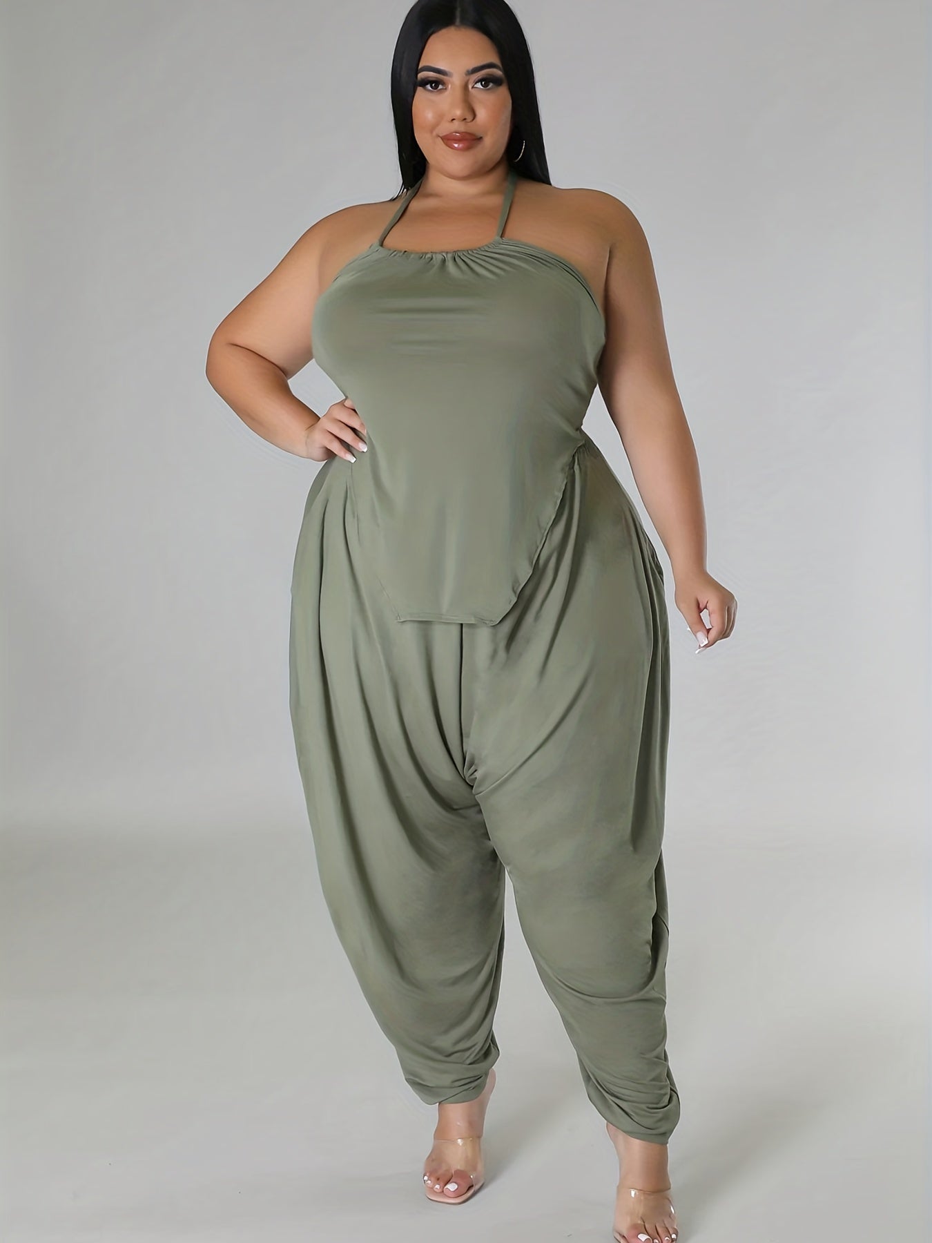  Solid Halter Neck Tie Back Cami Top & Harem Pants Set
