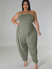  Solid Halter Neck Tie Back Cami Top & Harem Pants Set