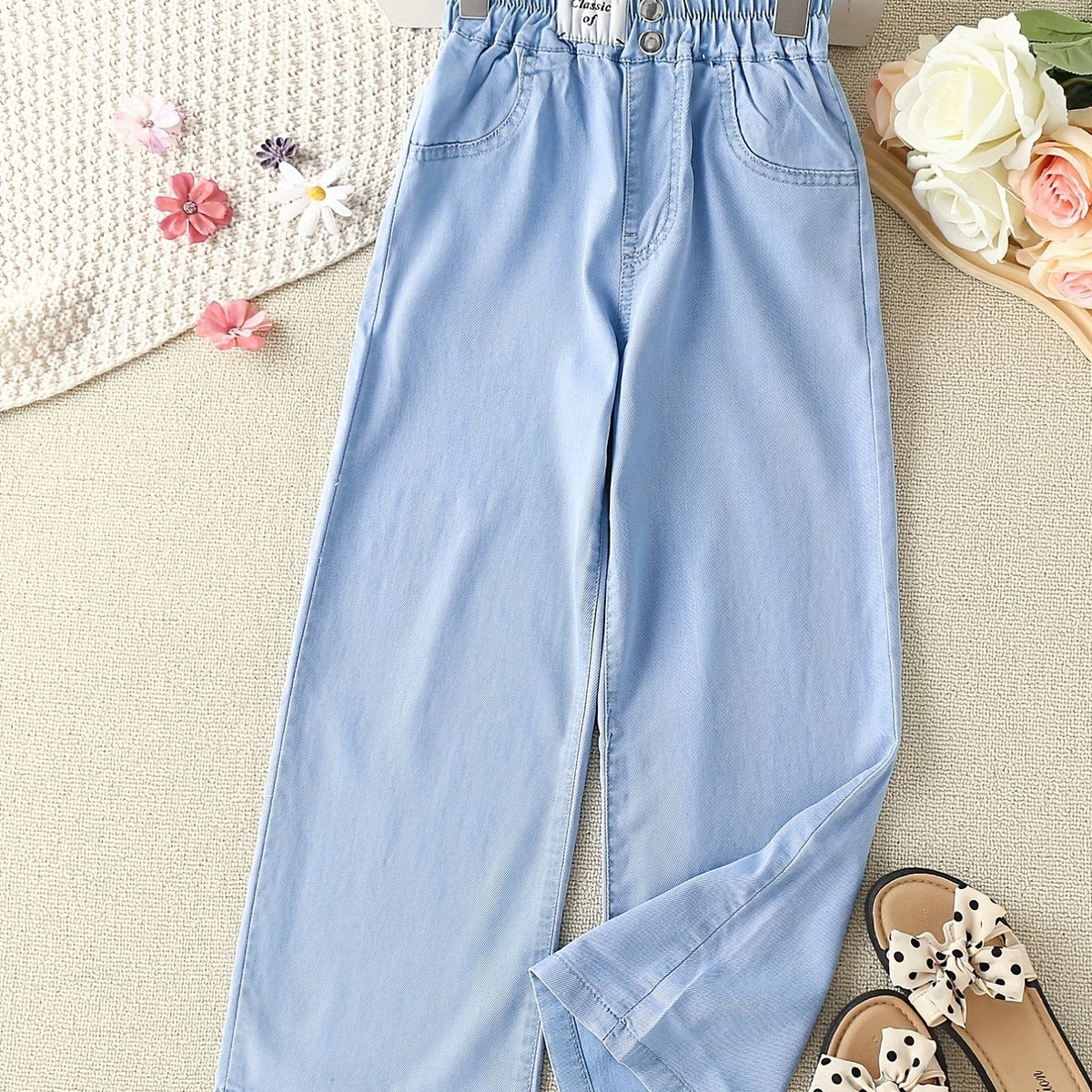 Girls Loose Casual Jeans Elastic Waist Letter Patched Wide Leg Denim Pants