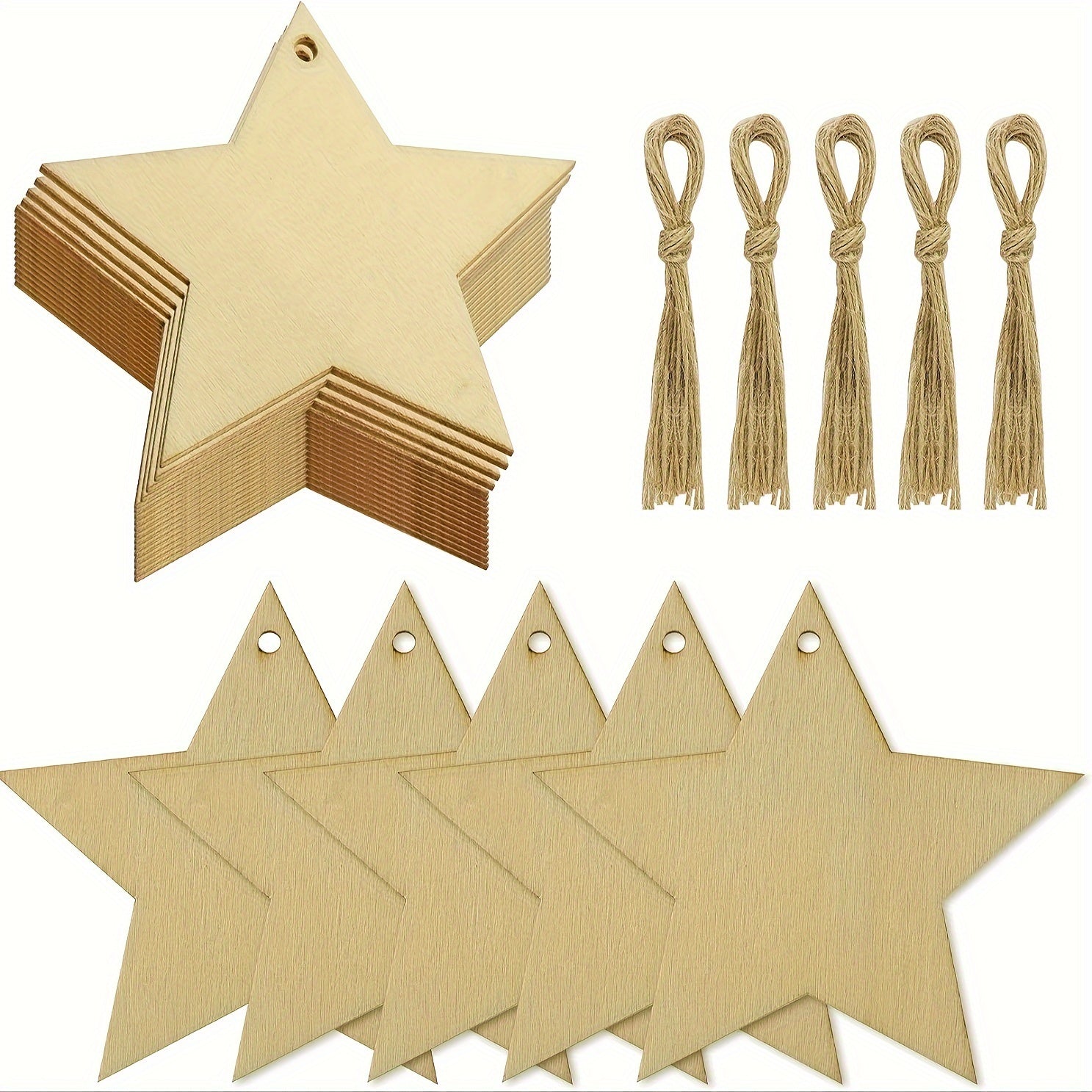 10pcs Natural Wooden Star Hollow Decoration with Hemp Rope for DIY Craft
