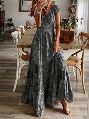  Floral Print Bubble Sleeve V Neck Nipped Waist Maxi Dress