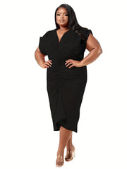  Solid Cap Sleeve V Neck Ruched Maxi Dress
