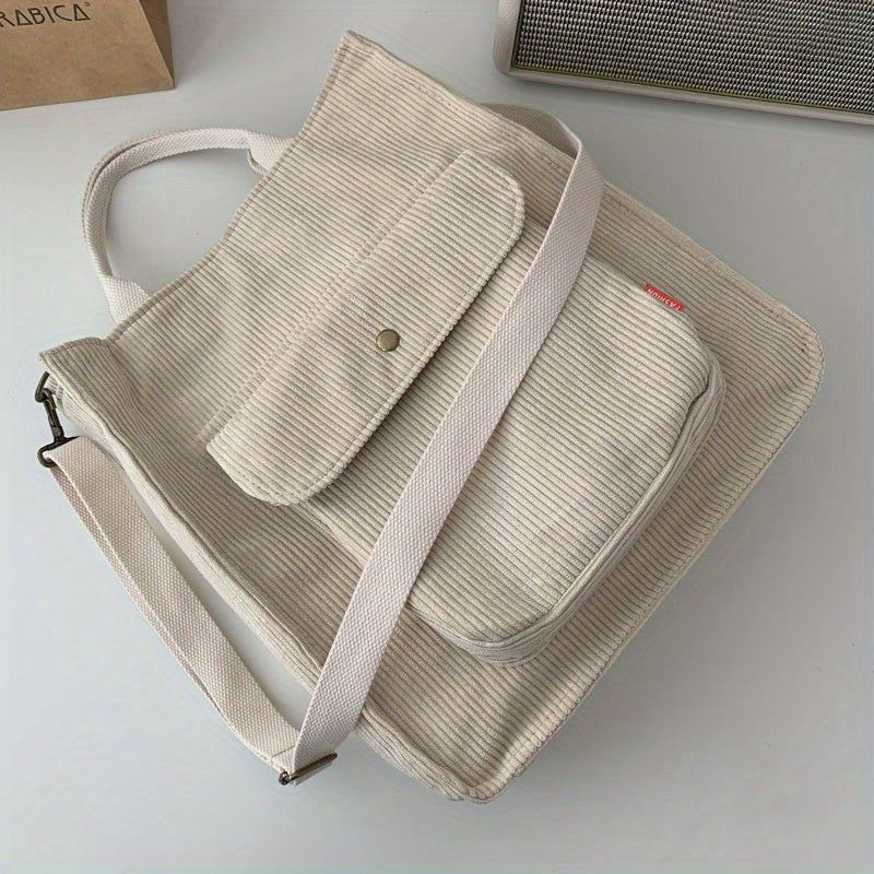 Corduroy Totes Bag For Women Solid Crossbody Bag Pocket Front Handbag For Travel