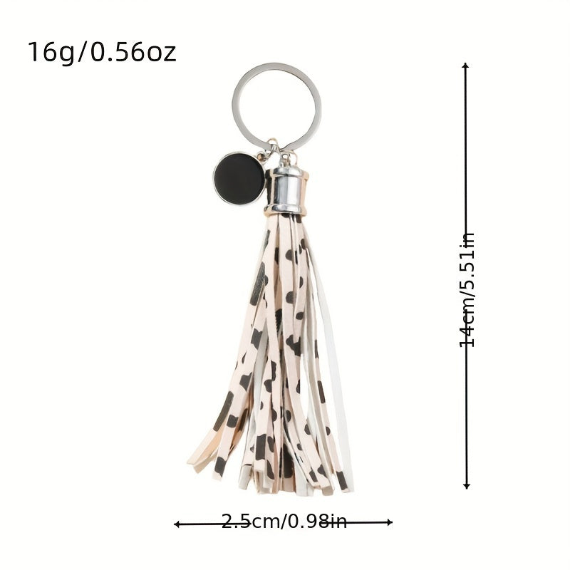 Cow Pattern Tassel Keychain PU Round Pendant Luggage Backpack Key Ring