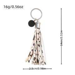 Cow Pattern Tassel Keychain PU Round Pendant Luggage Backpack Key Ring