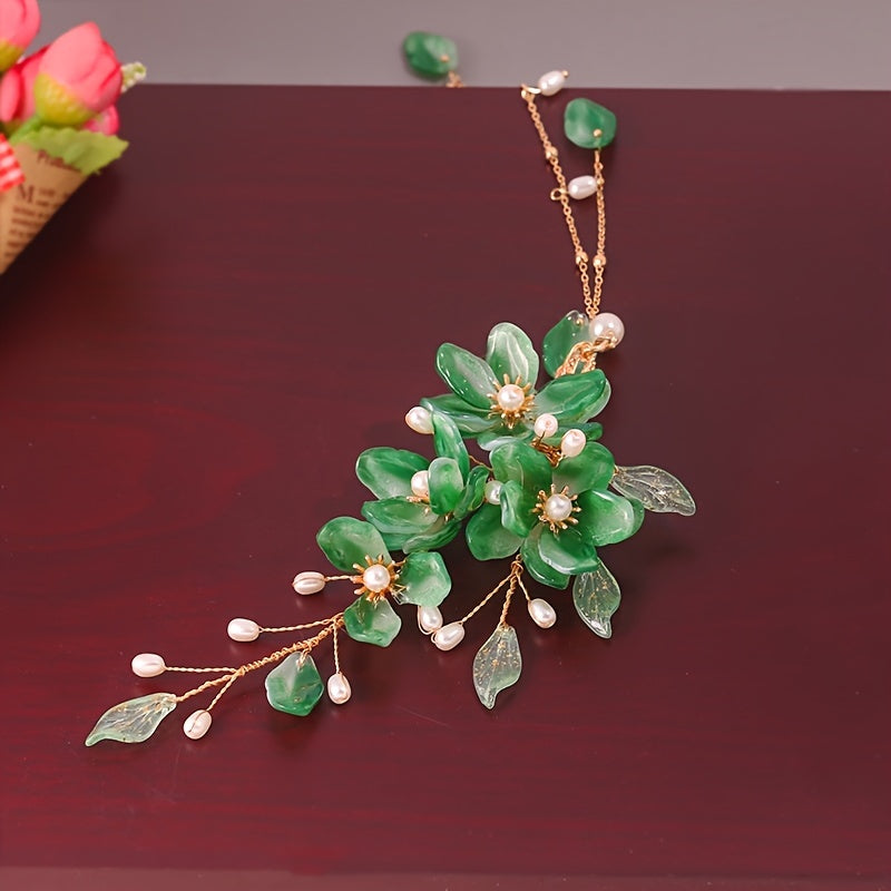 Vintage Flower Tassel Hair Clip with Faux Pearl Leaf