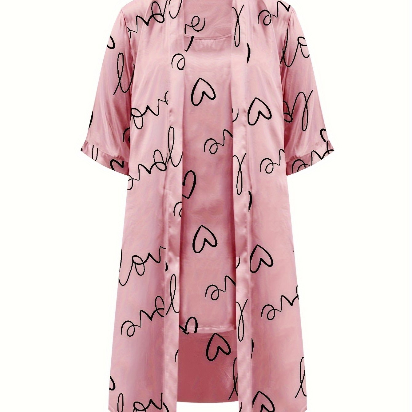  Heart Print Robe & Cami Satin Loungewear Set