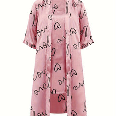  Heart Print Robe & Cami Satin Loungewear Set
