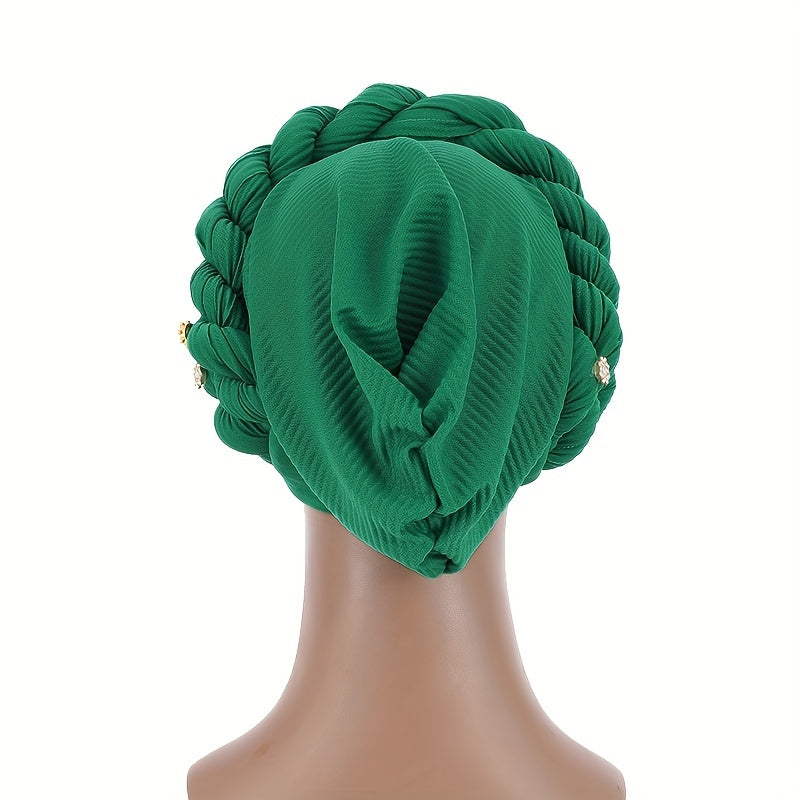 Green Twisted Braided Turban Cap Head Wrap Elastic Hijab Women Chemo Hats