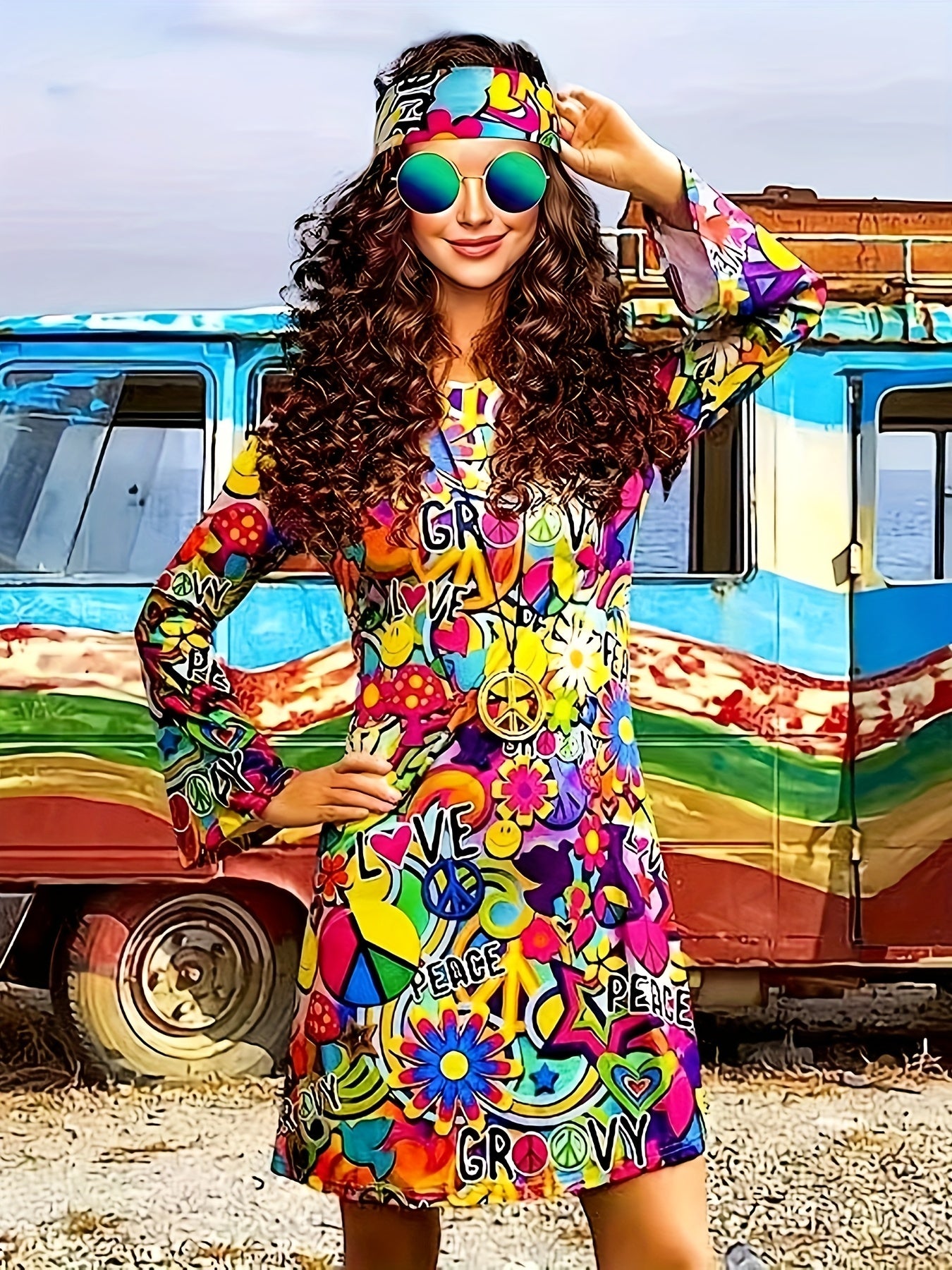  Halloween Dress Women's Plus Allover Print Flared Sleeve