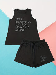  Slogan Print Tank Top & Drawstring Shorts Set