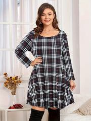  Plaid Print Long Sleeve Dress